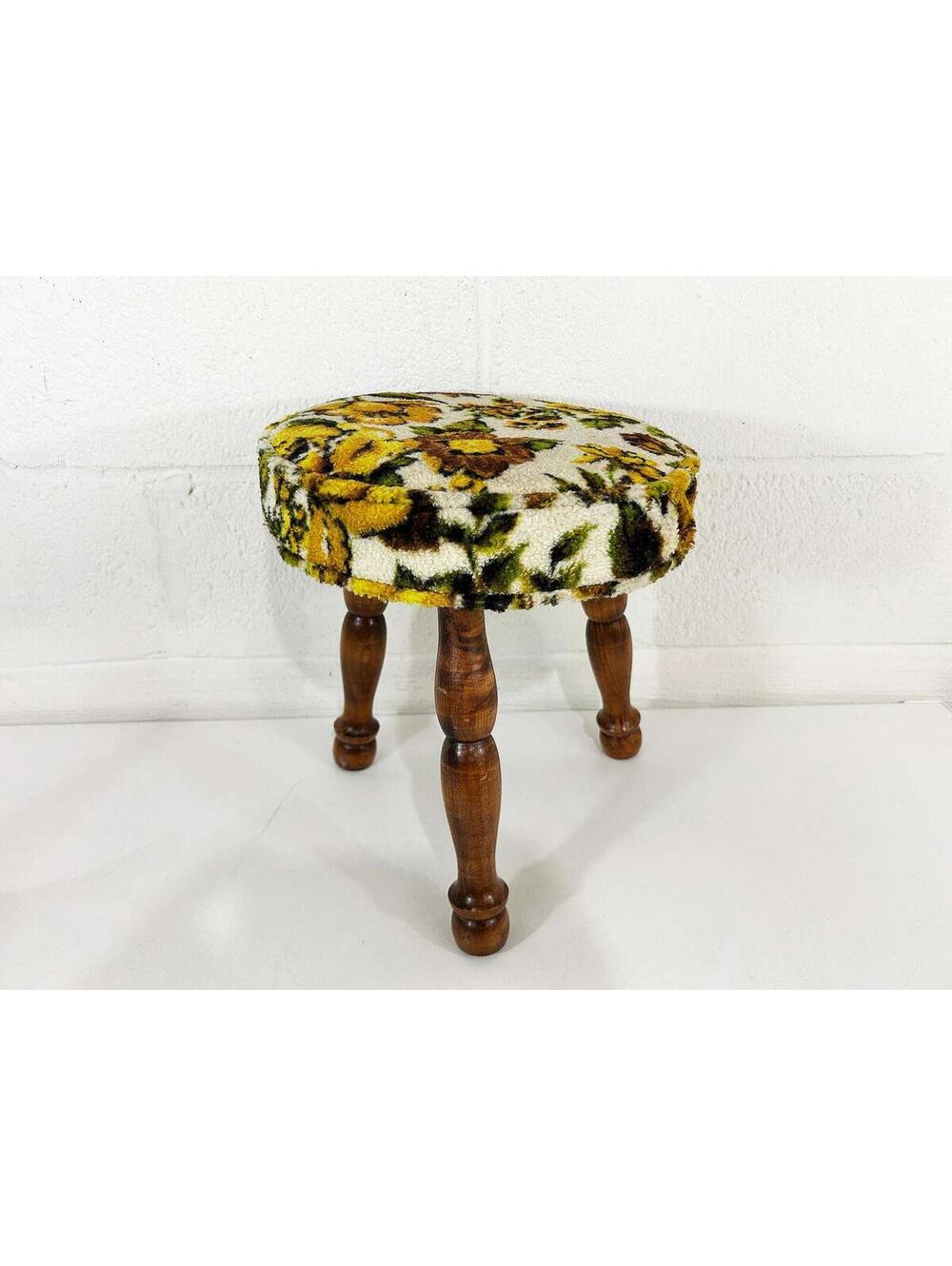 Vintage Floral Mini Stool Handmade 1970s Tripod Foot Rest Kid's Room Nursery